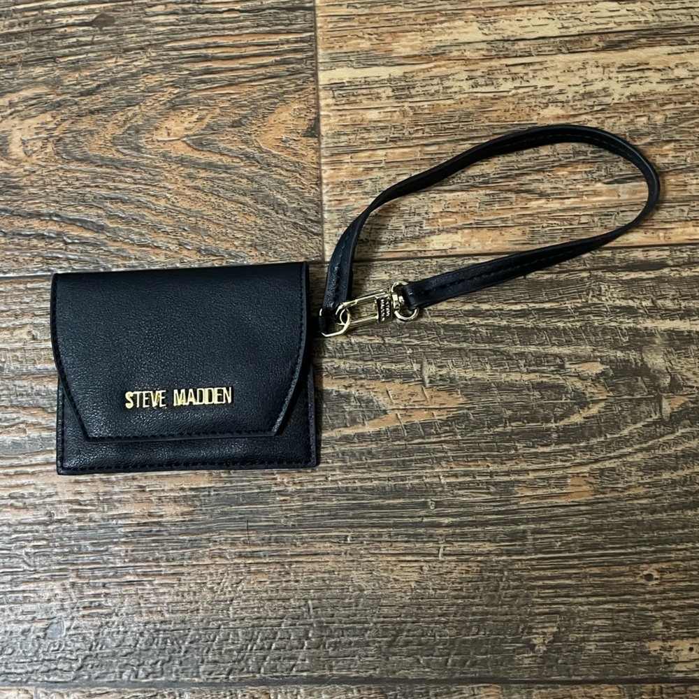 Steve Madden Black Wristlet with Strap, mirror inside